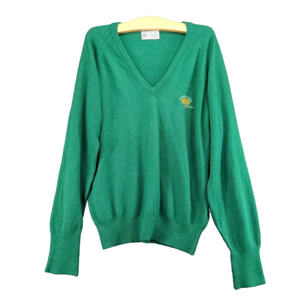 Vintage Pickering Sportswear Mens V Neck Sweater Size L Green USA Woodland Golf